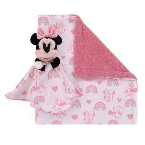 NoJo Disney Minnie Mouse White, Pink, and Aqua Rainbows and Hearts Super Soft Cuddly Plush Baby Blanket and Security Blanket 2-Piece Gift Set