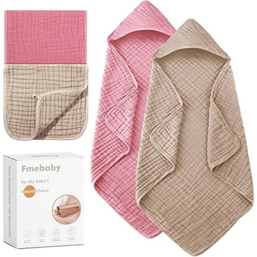 Hooded Baby Towels for Newborn 2 Pack 100% Muslin Cotton Baby Bath Towel and 2 Pack Washcloths for Babies, Toddler and Kids, Soft and Absorbent Newborn Essential(Pink and Apricot)