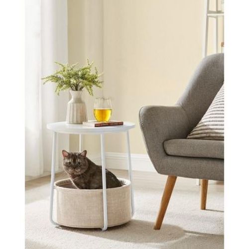 Small Round Side End Table, Modern Nightstand with Fabric Basket Cream White