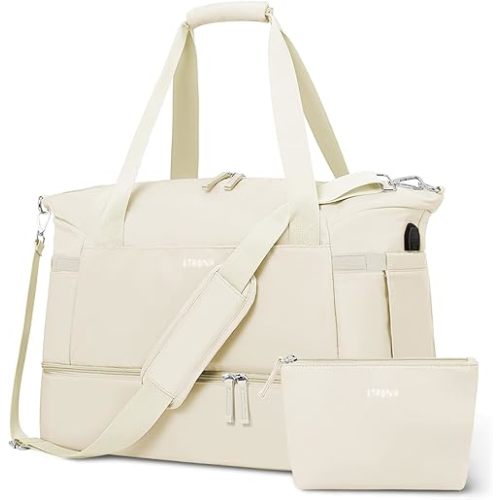 ETRONIK Gym Bag for Women, Personal Item Travel Bag with Shoes Compartment, Weekender Overnight Duffel Bag with Wet Pocket & USB Charging Port, Carry On Bag for Women, Travel, Gym, Weekend (Beige)