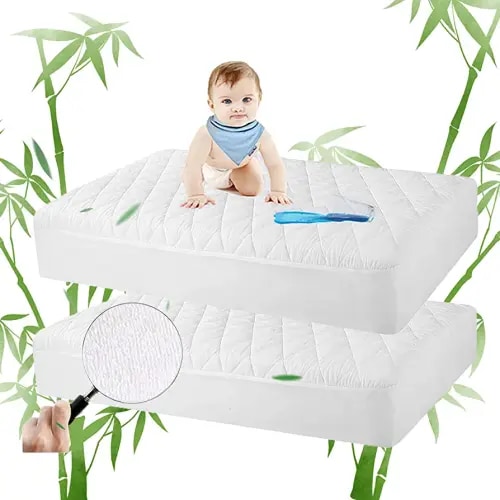 2 Pack Crib Mattress Protector, Waterproof Quilted Fitted Crib Mattress Pads, Soft Breathable Organic Bamboo Viscose Toddler Mattress Protector, 28''x52'' Baby Mattress Cover, White
