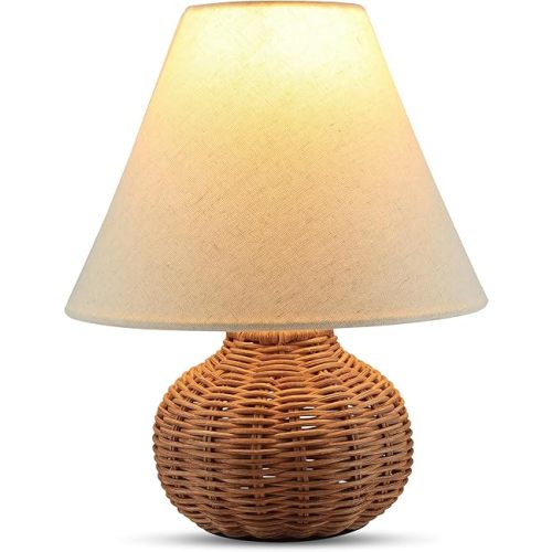 11" Small Mini Wicker Table Lamp, Dimmable Rattan Bamboo Lamp with Off-White Fabric Shade, Boho Accent Light for Nightstand, Nursery, Small Spaces, Kitchen Counter, Bookshelf