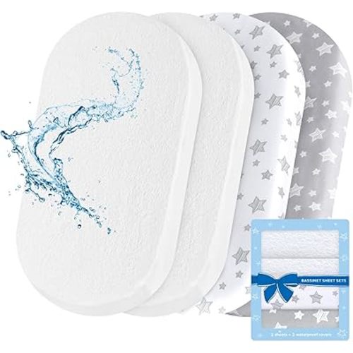 Bassinet Sheets & Waterproof Bassinet Mattress Pad Protector 4 Pack Set, Viscose Made from Bamboo, Universal Fit for Oval, Hourglass and Rectangular Mattress, Grey & White