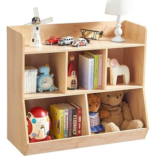 Wooden Toy & Book Storage Shelf with Rolling Ball Guard, Deep Cubbies, Durable Pine Plywood Montessori Organizer for Toddler Playroom, Nursery, Kids Room