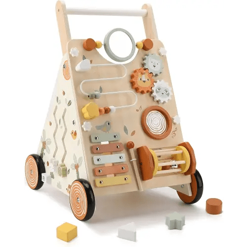 Wooden Baby Walker, Baby Push Walker with Activity Center for Girls Boys, Push Walker Toys for Babies Learning to Walk, Sit-to-Stand, for 10-12 Months 1 2 3 Years Old