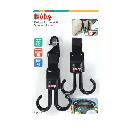 Nuby 2-in-1 Deluxe Adjustable Baby Stroller & Car Seat Hooks for Hanging Bags, Toys- Hang or Remove Items from Hooks with one Hand/ 2 Pack – 8 Hooks Total, Black