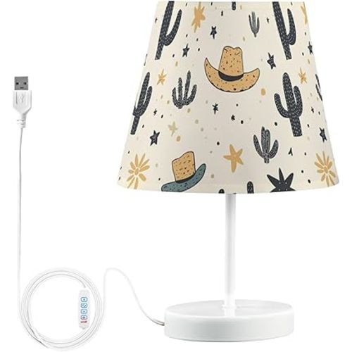 Table Lamps Rodeo Cowboy Vintage Western Bedside Lamp Nightstand Lamp LED with Fabric Lampshade USB Ports Wood Base for Bedrooms and Living Room
