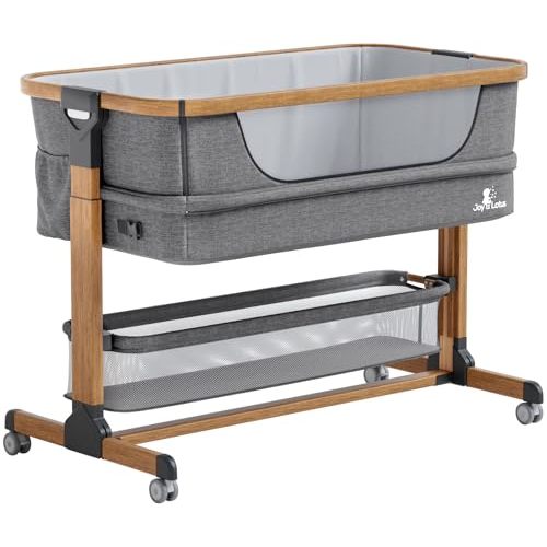JOY & LOTUS Baby Bassinet Bedside Sleeper for Baby with Wheels, Mesh Fold Down Slide & Adjustable Heights- Easy Folding Portable Crib with Storage Basket &Travel Bag