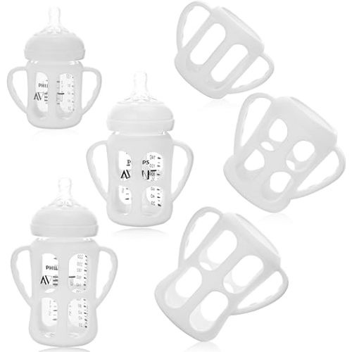Palksky Baby Bottle Holder for Philips Avent Anti Colic Bottles and Natural Baby Bottle, 3 Pack (4oz, 8/9oz, 11oz) Silicone Anti-Fall Protective Case with Handle