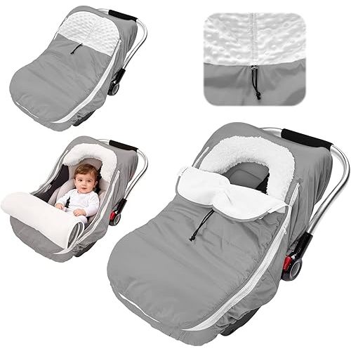 TinyPalsa Winter Baby Car Seat Cover, Warm Cozy Infant Car Seat Cover with Plush Lining for Cold Weather, Waterproof Carseat Canopy with Adjustable Collar, Universal Fit for Boys & Girls (Grey)