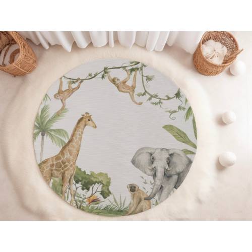 Safari Nursery Area Rug, Round Jungle Animal Chenille Rug, Baby Room Decor, Soft Kids Play Mat, Gender Neutral Nursery Accessory
