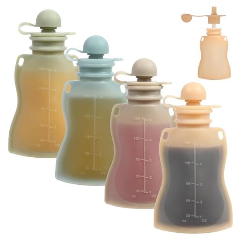 Reusable Baby Food Pouches, 4 Pack with Straw Squeezable Pouches for Toddlers, BPA-Free, Refillable Silicone Baby Food Storage Containers, 5 oz