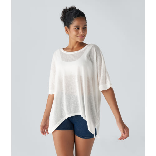Asymmetric Split Hem Sheer Oversize Casual Top