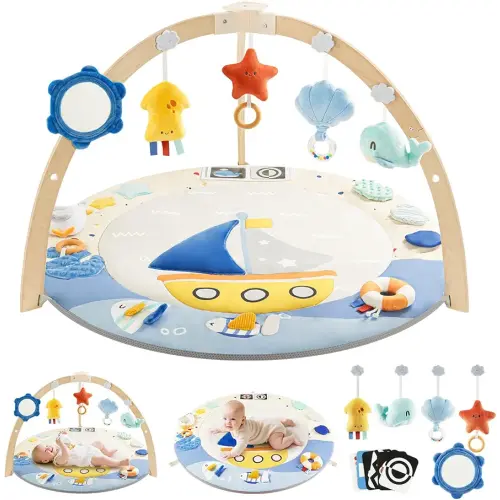 Baby Play Gym Activity Mat, 5 Developmental Zones Wooden Tummy Time Mat with 7 Detachable Sensory Toys for Motor Skills & Sensory Development, Baby Essentials Shower Gift, Easy to Install