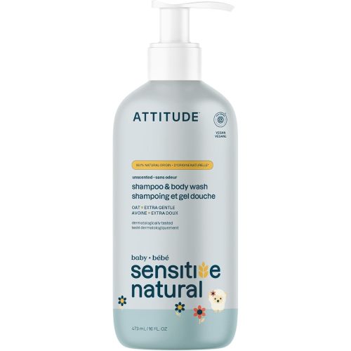 ATTITUDE Baby 2-in-1 Shampoo and Body Wash, Made in Canada, EWG Verified, Plant- and Mineral-Based Ingredients, Vegan Products for Sensitive Skin, Unscented, 473 mL