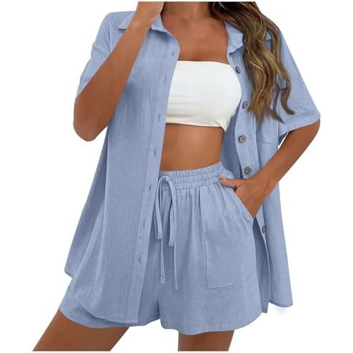 Womens Linen Cotton Summer Casual 2 Piece Outfits Short Sleeve Button Down Shirts Drawstring Shorts Lounge Tracksuit