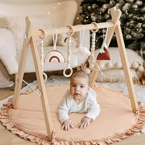 Wooden Baby Play Gym Play Mat Set, Baby Gym with 6 Hanging Sensory Toys Foldable Playgym for Infants Frame Activity Center Hanging Bar for Newborn Shower Gift