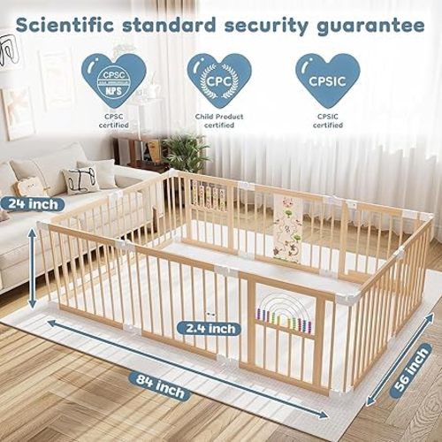 Ulnxiy Foldable Wooden Baby Playpen Activity Center,Adjustable Size & Shape Portable Play Yard, Baby Fence Play Area with Gate for Indoor Use for Babies and Toddlers(84x56x24inches)
