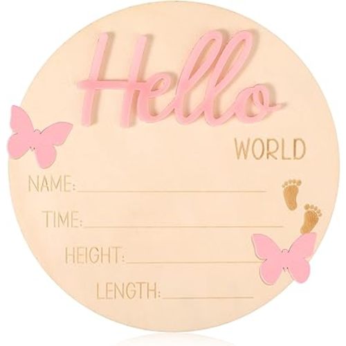 Baby Announcement Board, Wooden Hello World Welcome Newborn Plaque Baby Birth Name Sign Board for New Born Boys Girls Photo Props Hospital Nursery Home
