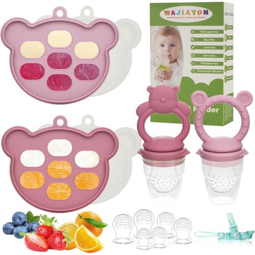 Baby Breastmilk Popsicle Molds & Baby Fruit Feeder (6 Pack), WAJIAYON Baby Food Freezer Tray Storage Containers, Silicone Teething Pacifier Feeder and Teether for Babies,Moss and Fawn Baby Feeder