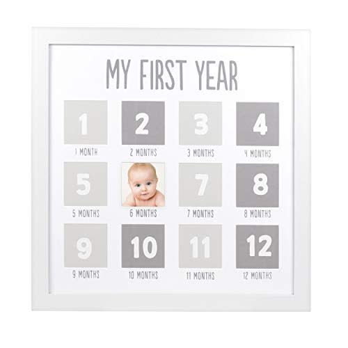 Pearhead My First Year Photo Moments Baby Keepsake Picture Frame, Baby’s First Year Photo Frame, Gender-Neutral Baby Milestone Nursery Décor, White and Gray