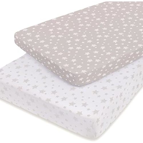 Ely's & Co. Pack N Play Portable Crib Sheet Set 100% Jersey Cotton Unisex for Baby Girl and Baby Boy - Tan Drawn Star Design
