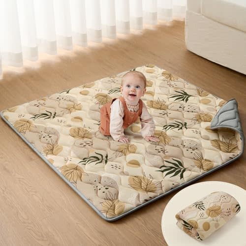Blissful Diary Portable Baby Play Mat 43" X 43", Thick Cushioned Baby Mat for Floor, Foldable Baby Crawling Mat for Indoor Outdoor, Non-Slip & Washable Kids Play Mat for Tummy Time, Earth Tones Design
