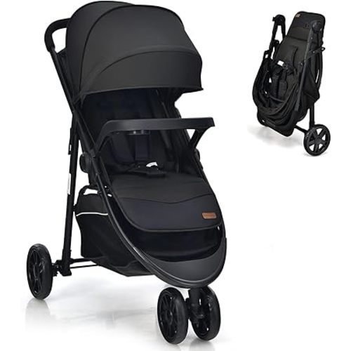 HONEY JOY Jogging Stroller - Off Road Hiking Stroller, Easy One-Hand Fold, Adjustable Backrest/Canopy, Storage Basket, Baby Jogger for Infants Boys Girls (Black)