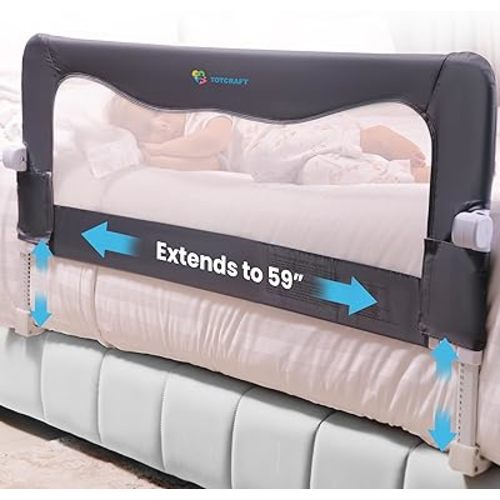 TotCraft Flexguard Adjustable Length & Height Bed Rail for Toddlers – Fits Twin, Full, Queen & King Beds – 35.5″ or 59″ Two Fixed Lengths – 14 Height Levels – ASTM Certified Bed Rail for Baby (Grey)