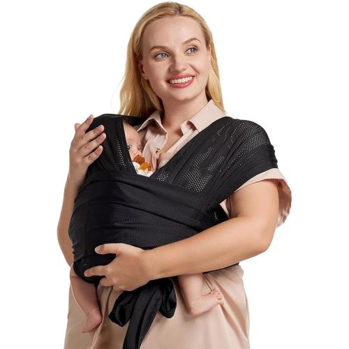Momcozy Adjustable Buckle Baby Wrap Carrier Cooling Air-Mesh, Easy to Wear Baby Carrier Sling, Baby Carriers Newborn to Toddler 8-35lbs, Suit for Waist 47-57inch, Plus Size Black