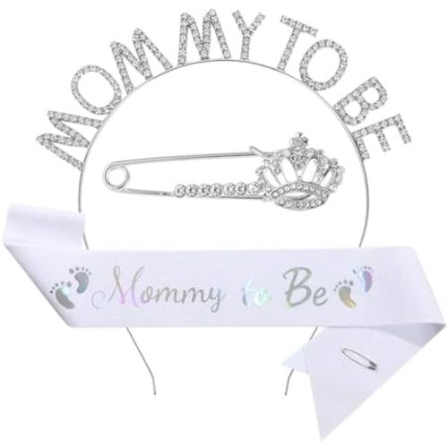 Baby Shower Sash Tiara Brooch Set, Mom to be Baby Shower Decorations Mommy to Be Sash Rhinestone Crown Headband Party Decoration for Baby Gender Reveal Party