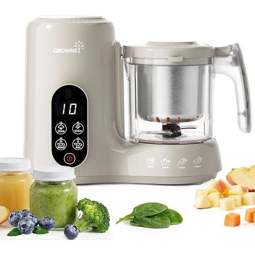 Grownsy Baby Food Maker with Stainless Steel Steam Basket – Baby Food Processor, Puree, Steamer & Blender for Homemade Baby Food, Ideal for Starting Solids, BLW & Babies 6+ Months – Creamy Taupe