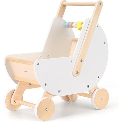 Wooden Baby Walker & Doll Stroller – Adjustable Handle Push Cart, Anti‑Tip, Quiet Wheels, Pretend Shopping Cart – Montessori Wooden Walker for Babies , Doll Stroller for Toddlers 12m+