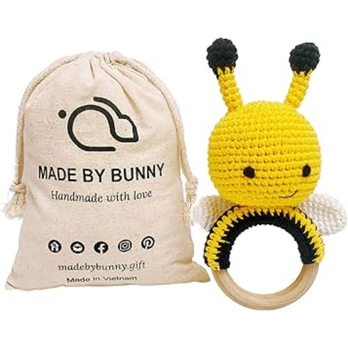 Bunny Wooden Baby Rattle, Crochet Bee Rattle Toy, Handmade Bee Stuffed Animal, Eye-catching Colored Toy for Toddlers, Bumble Bee Toy for Honey Bee Decord-held Crochet for Young Toddlers