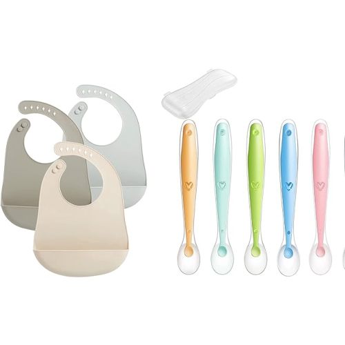 PandaEar 3 Pack Waterproof Silicone Baby Bibs & Soft Tip Spoons