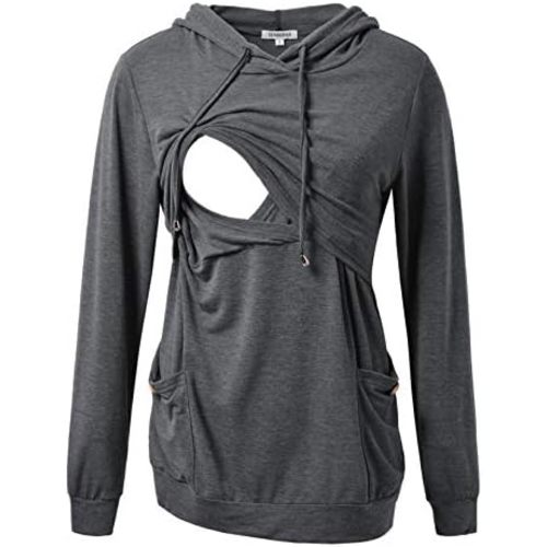 GINKANA Womens Nursing Hoodie Top Sweatshirt Long Sleeve Button Decoration Pockets Shirts Tunic Top