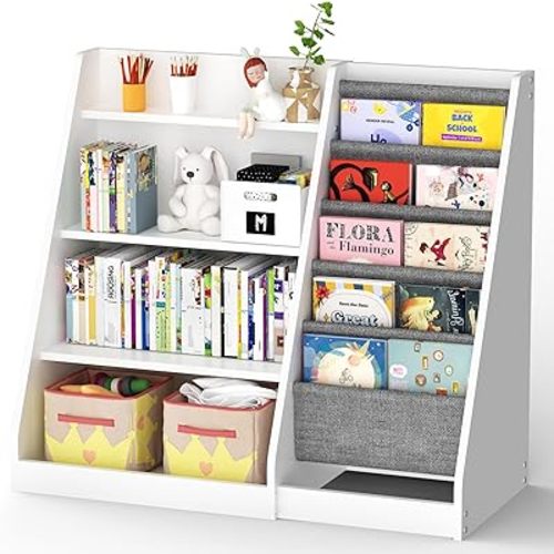 4 Tier Kids Wooden Bookshelf, Nursery Book Shelves with Storage, Montessori Bookshelf with Sling Book Rack, Book and Toy Organizer Cabinet Chest for Kids, Children, Toddlers