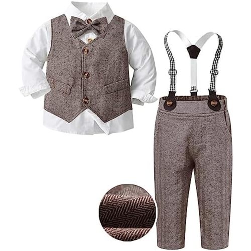 SANGTREE Boys' Formal Suits Sets Gentleman Outfits, Vest + Suspender Pants + Dress Shirt and Bow Tie, 3 Months - 14 Years