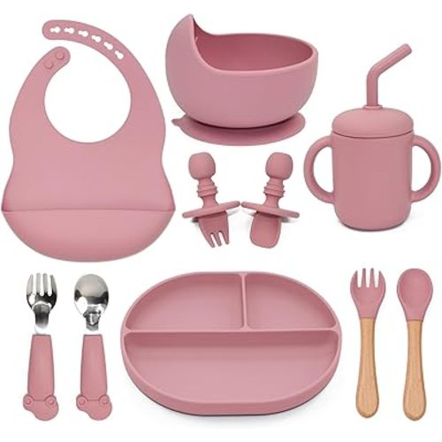 Silicone Baby Feeding Set, 10PCS Baby Led Weaning Supplies with Suction Bowl and Divided Plate, Bib Baby Cup Spoons Forks -Baby Feeding Essentials for 6+ Months