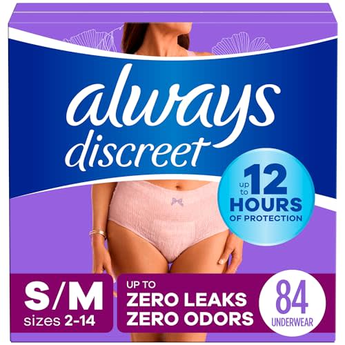 Always Discreet Adult Incontinence Underwear for Women and Postpartum Underwear, S/M, Up to 100%* Bladder Leak Protection, 84 CT,