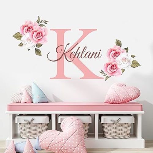 Name Initial Roses Wall Decal | Kids Wall Decor | Custom Name Removable Nursery Decal for Girl | Flower Mural Sticker for Girls Bedroom | Flowers Sticker Decor