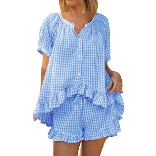 Womens 2 Piece Ruffle Pajama Set Gingham Pjs Short Sleeve Babydoll Shirt and Shorts Plaid Summer Outfits