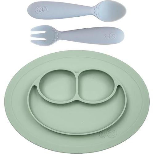 ezpz Mini Mat (Sage) + Mini Utensils (Fork & Spoon in Pewter) - Toddler essentials mat and spoon