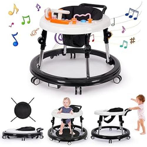 Music and Lights Baby Walker Foldable with 9 Adjustable Heights, Baby Walker with Wheels Portable, Baby Walkers and Activity Center for Boys Girls Babies 7-18 Months (NEW-BLACK)