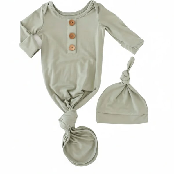 Solid Moss Bamboo Baby Knot Gown & Hat