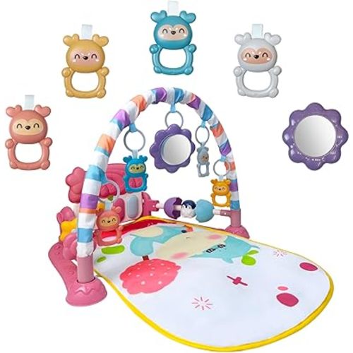 Baby Gym Play Mat, Musical Activity Center for Baby, Kick and Play Piano Gym, Tummy Time Play Mat for Newborn Babies Infants Boys Girls 0-3-6-9-12 Months (Pink)