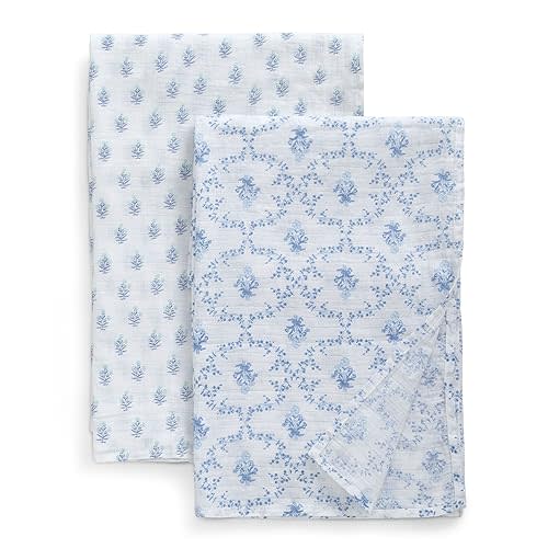 Delta Children 100% Cotton Muslin Baby Receiving Blankets for Girls and Boys – 47x47 Inches (Pack of 2), Blue Botanicals