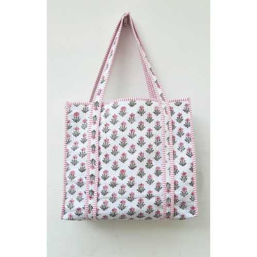Floral Block Print Quilted Cotton Tote Bags, Large Handmade Shopping Bag