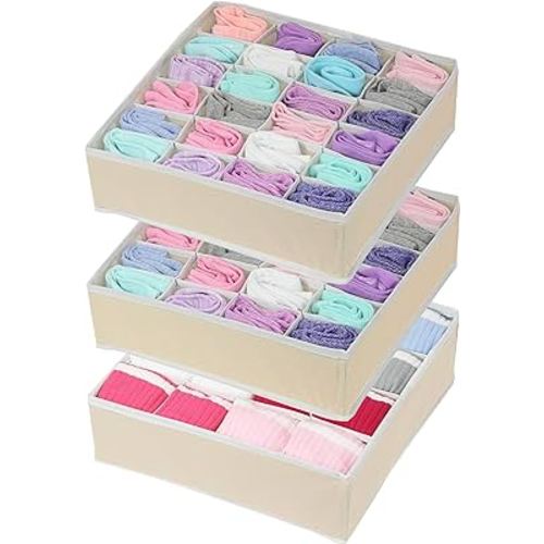 Simple Houseware Closet Drawer Organizer for Clothes, Socks and Underwear, 3 Pack, Beige