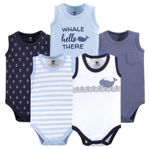 Hudson Baby Infant Boy Cotton Sleeveless Bodysuits 5pk, Sailor Whale, 0-3 Months